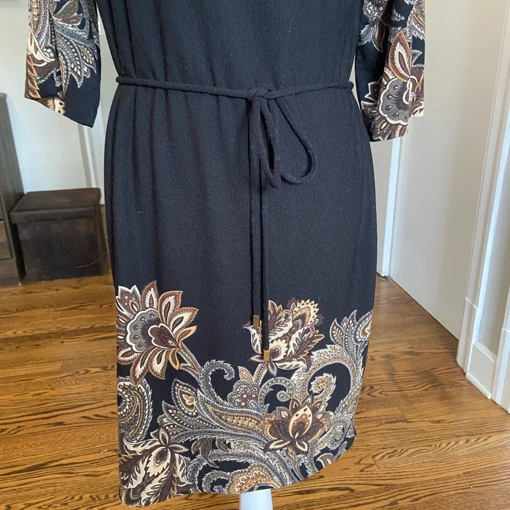 Sandra Darren Black and Brown Paisley 3/4 Sleeve Dress - Picture 3 of 8